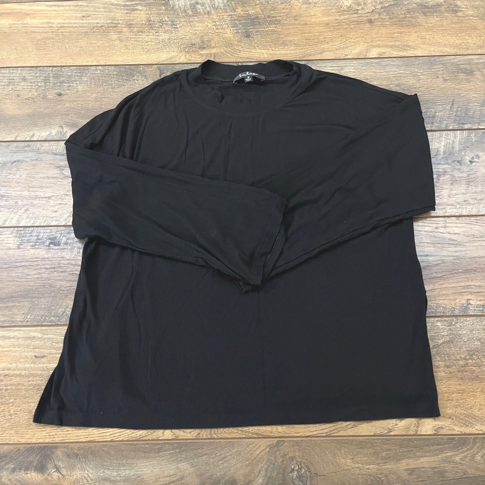 Lulus Black Ribbed Long Sleeve Crew Neck Oversized Top Small Rayon Layer